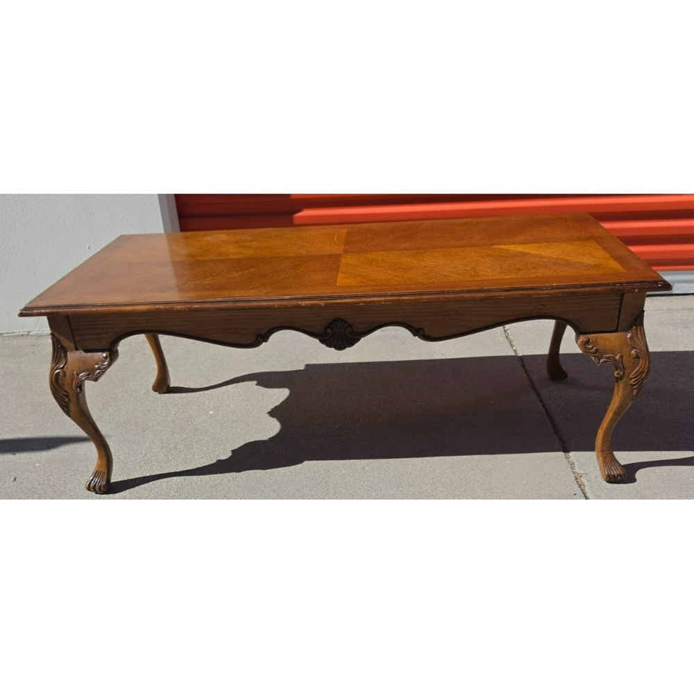 Vintage Lane Mid Century Wooden Coffee Table Carved Cabriole Legs Parquet Large